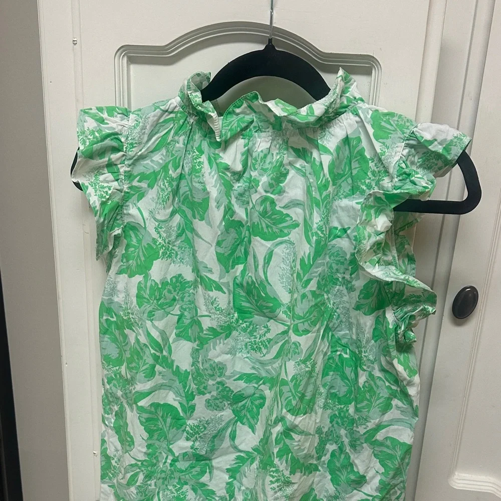 Olivaceous White and Green Floral Ruffle Sleeve Blouse - Picture 4 of 4